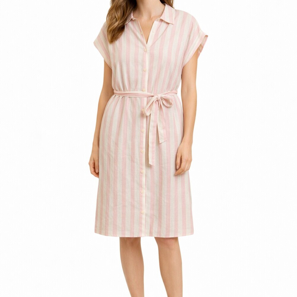 Draper James Size XL Pink Cream Stripe Linen Cotton Shirt Dress Tie Waist